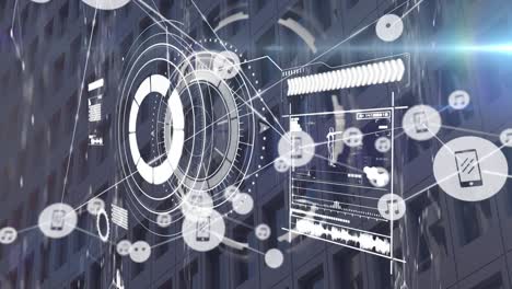 Animation-Des-Verbindungsnetzwerks-Mit-Symbolen-Und-Scope-Scanning-über-Gebäuden