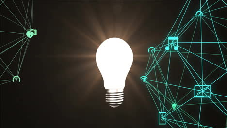 Glowing light bulb with network connections and data processing animation