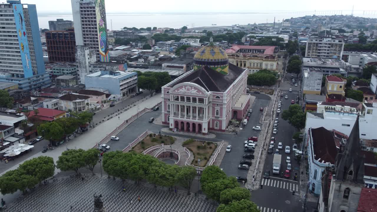Aerial view of Manaus with Amazon Theatre and Rio Negro River