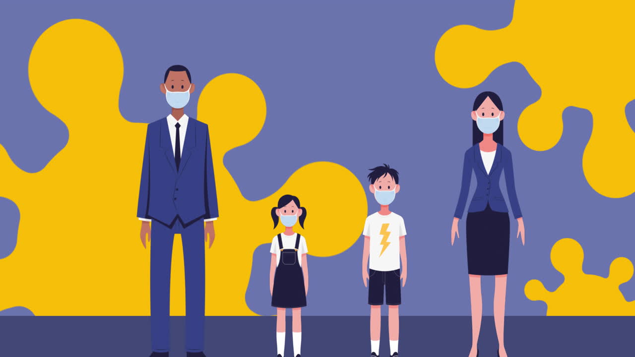 파란색 배경에서 코로나19 세포에 대항하는 마스크를 착용하는 가족