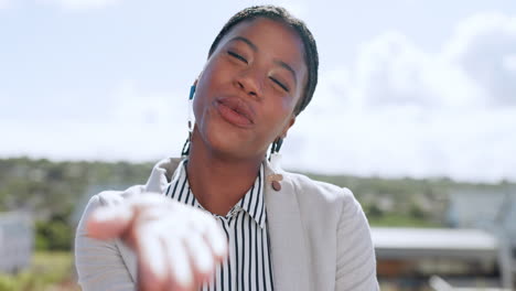 Face,-city-and-black-woman-blowing-a-kiss