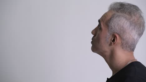 closeup profile view of mature persian man with gray hair