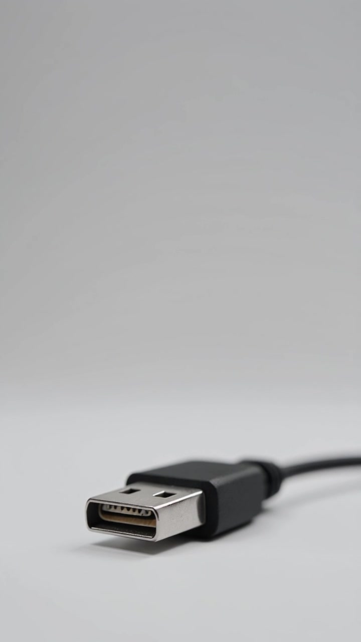 Close up macro shot of a black USB type A connector lying flat on a white surface.