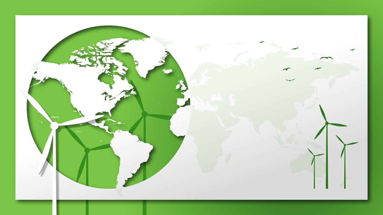 Paper 3D illustration of the Earth with windmills. Production of green energy by wind turbines. Recycle banner design. Looped animation.