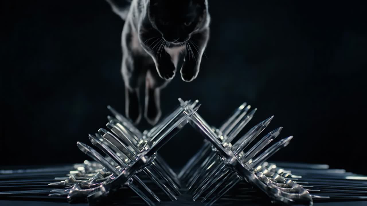 Black Cat Navigating a Spike Obstacle Course