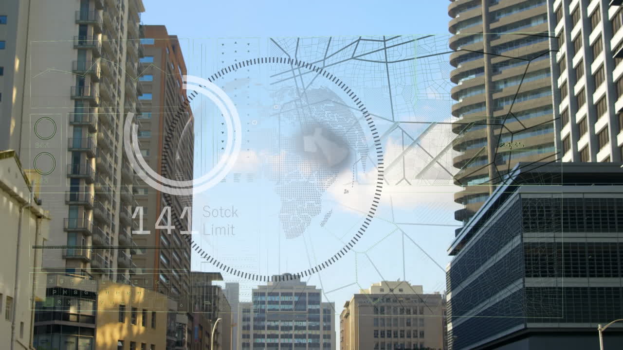 변화하는 숫자와 지구를 둘러싼 로딩 서클의 애니메이션, 하늘에 대한 현대적인 건물