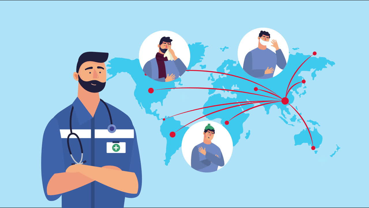 médico y pacientes con síntomas de covid-19 en el planeta tierra