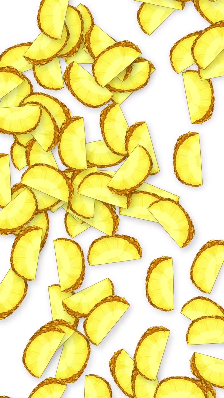 Yellow pineapple wedges fall continuously in a vertical loop over a clean white studio background.