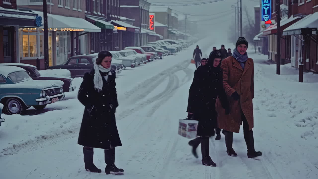 Snowy City Street Scene with People
