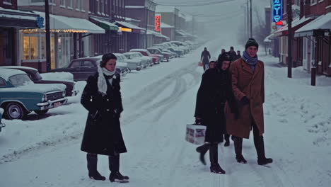snowy city street scene with people