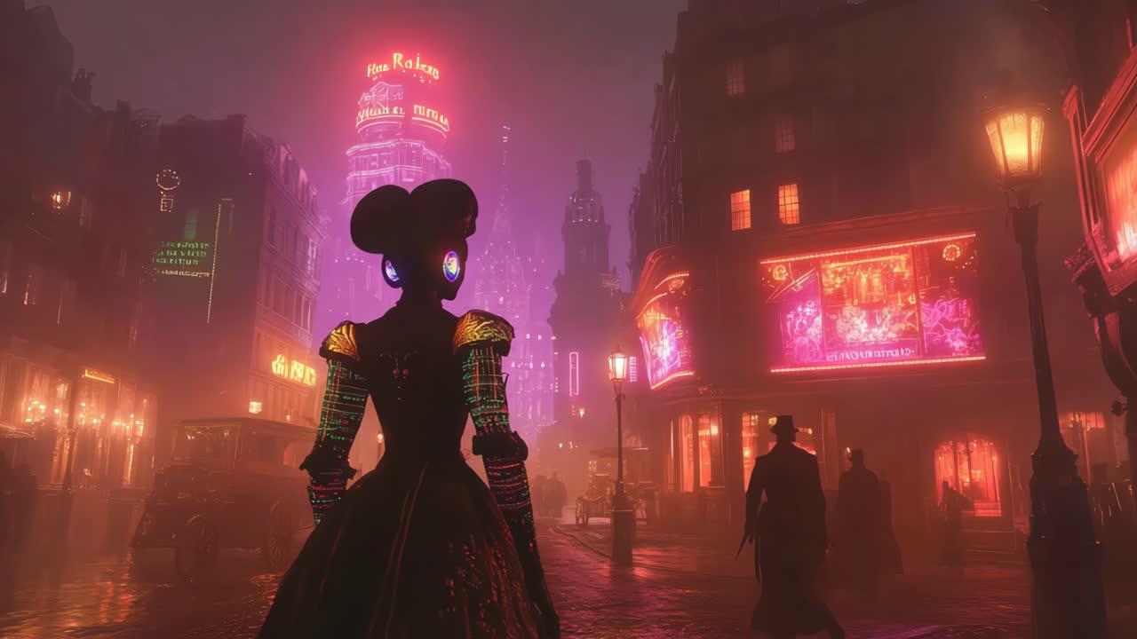 네온 도시에서 사이버 크 여성