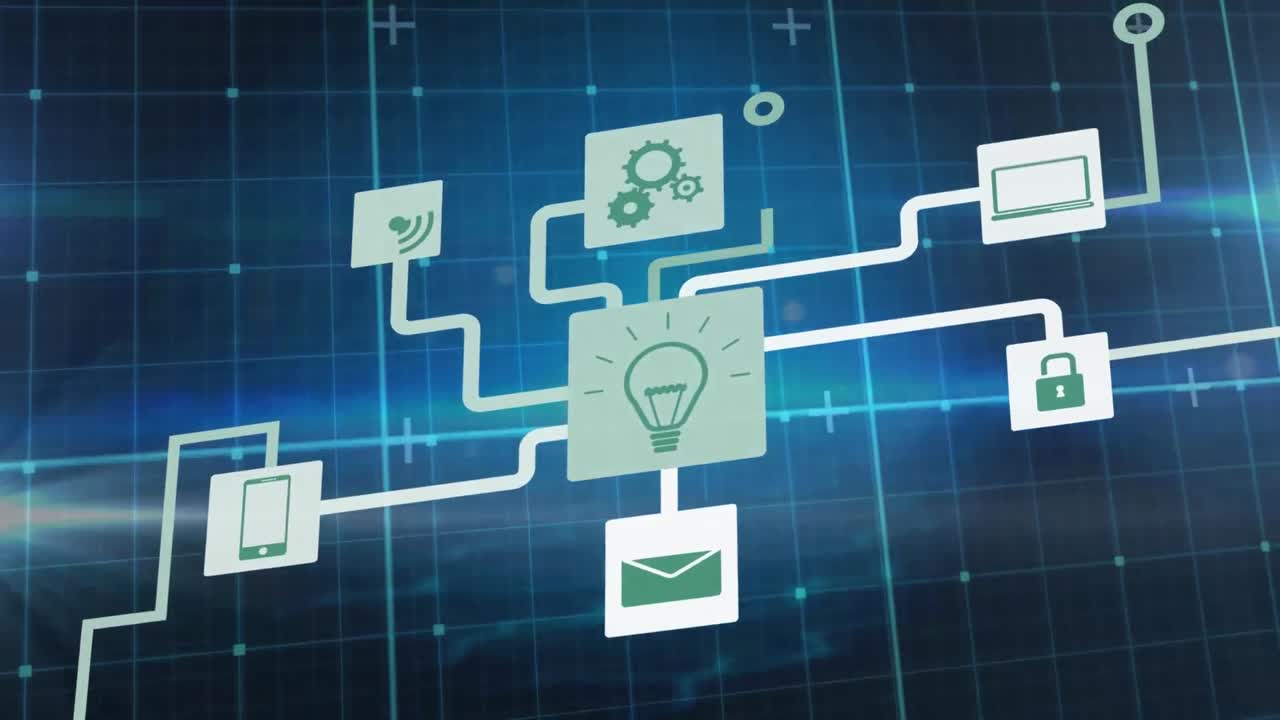 Animation of network of digital icons over grid network against blue background