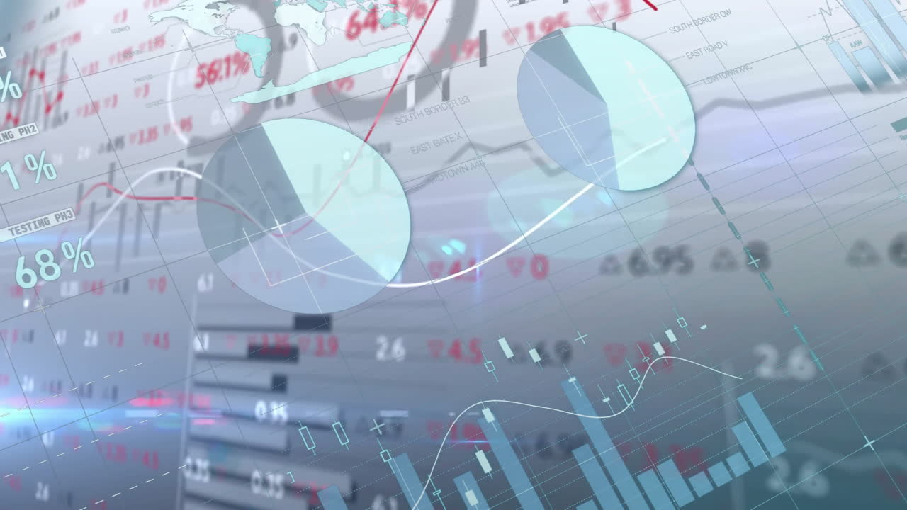 Financial graphs and charts animation over global map and data background