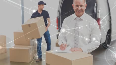 composición de almacén de dos hombres empacando cajas en una furgoneta combinada con animación de conectar