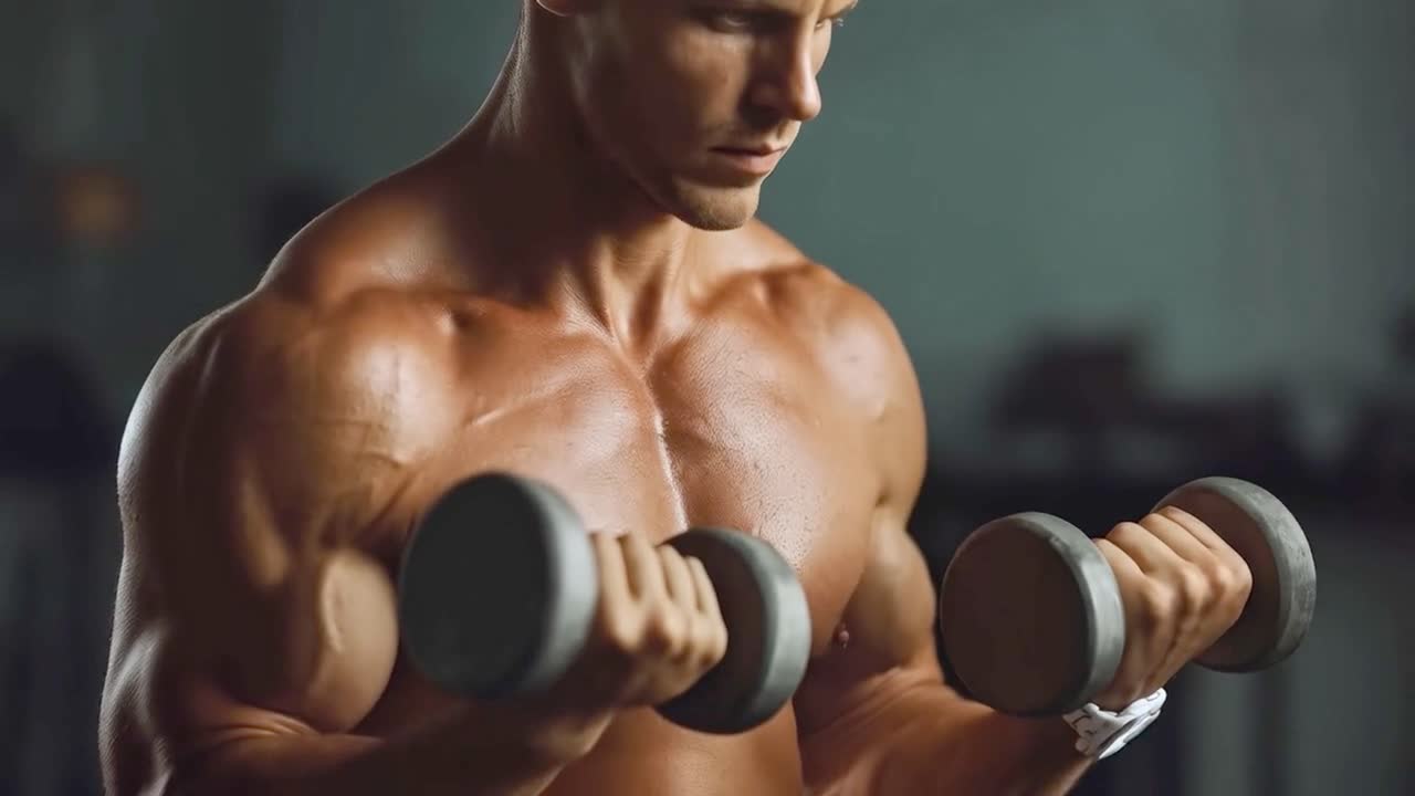 Muscular man lifting dumbbells