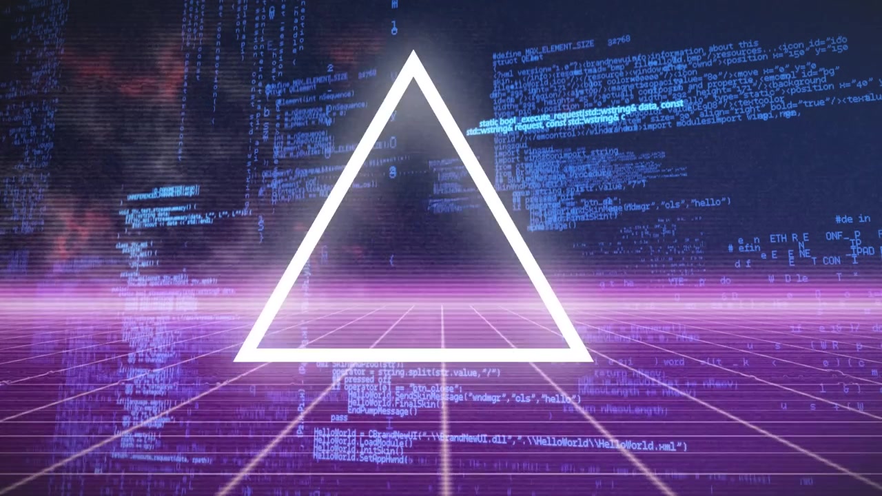 Abstract Digital Grid with Glowing Triangle and Scrolling Code