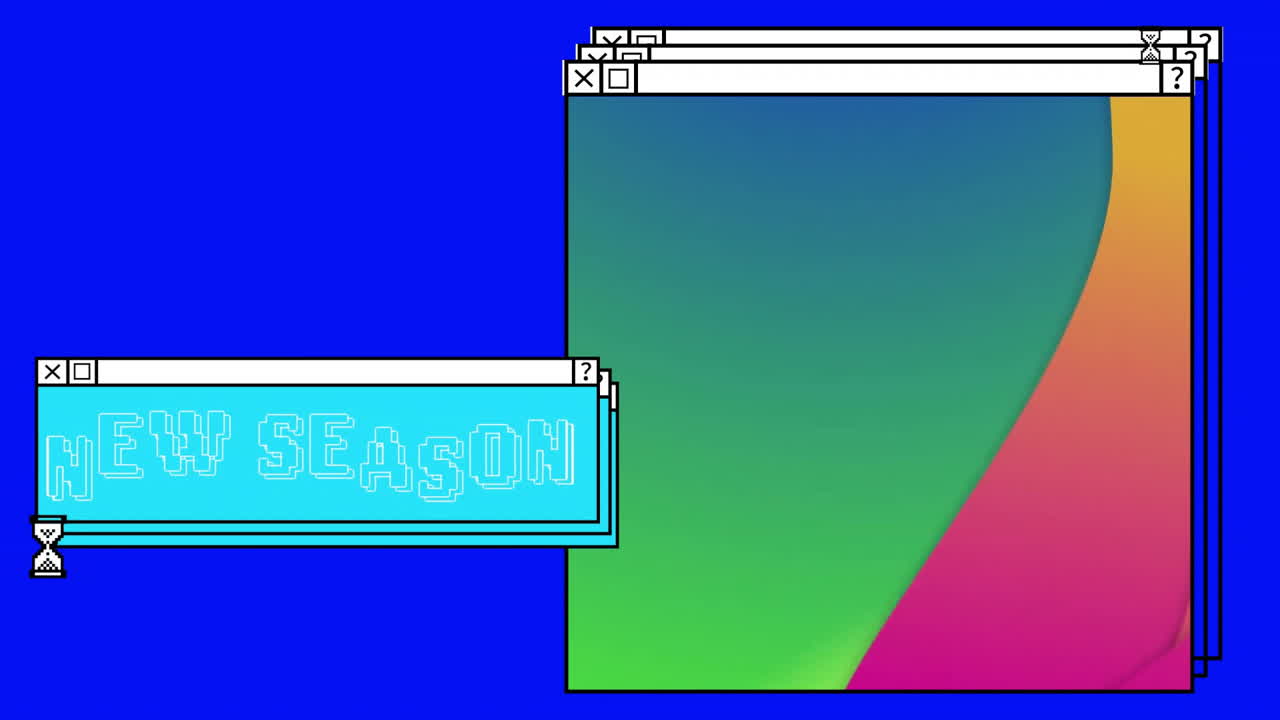 새로운 시즌 텍스트의 애니메이션과 파란 컴퓨터 데스크 위에 달 타이머와 함께 창을 열기