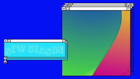 animation of new season text and open windows with egg timer over blue computer desktop
