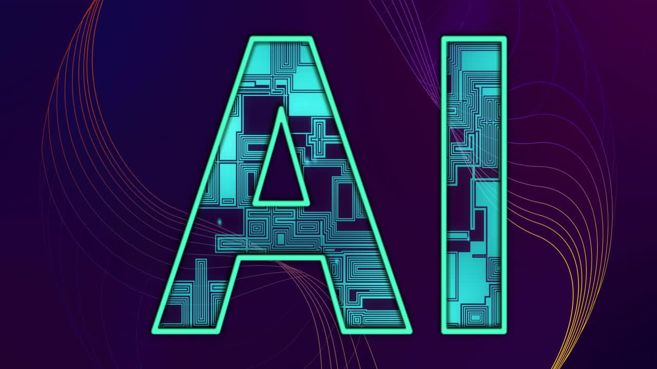 Animation of processing motherboard in ai text and 3d network on dark background