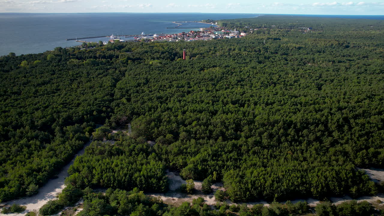 A panoramic view of the Hel Peninsula in Poland's Baltic Sea with lush greenery, beaches, and the small seaside resort of Hel visible on the horizon
