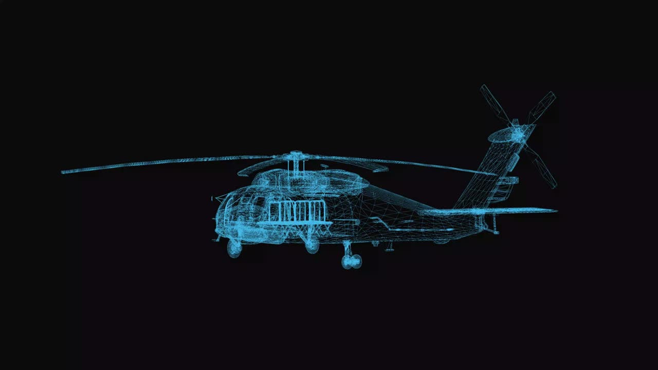 esquema de wireframe de helicóptero seahawk. renderizado en 3d con líneas de cuadrícula azul. rotación de bucle en fondo negro.