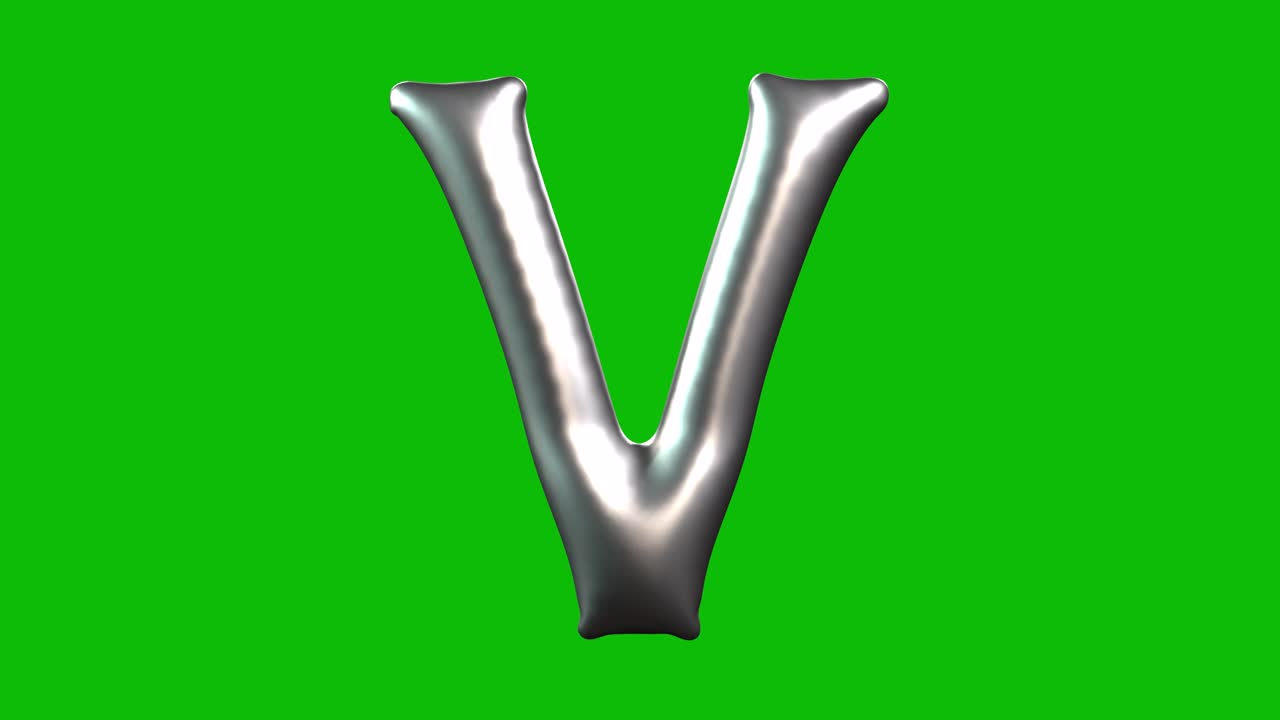 La lettera V a forma di palloncino in lamina argentata si gonfia, ruota e si rivela su uno sfondo verde in animazione 3D. Ideale per feste, party, compleanni e progetti di video editing.