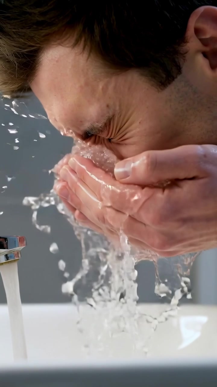 Vertical video: Cupping adult man lifting water from tap to face at bath sink, rinsing eyes