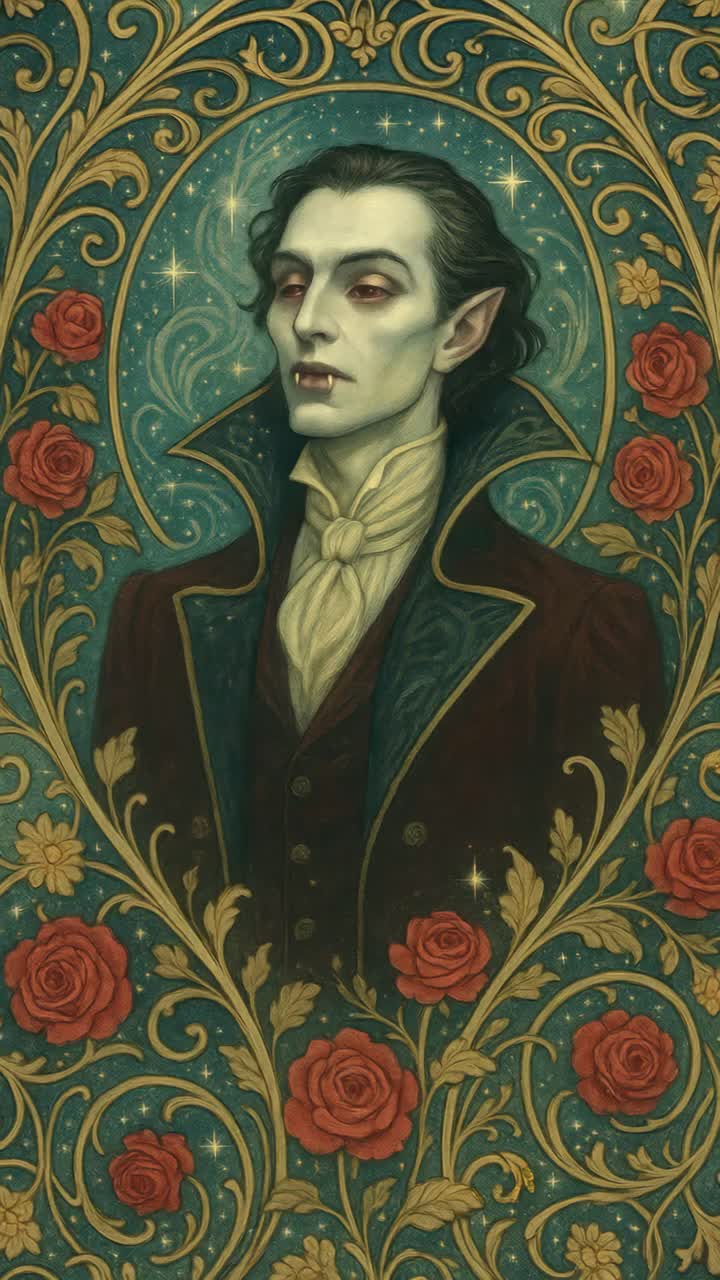 Gothic vampire portrait with ornate floral design, captured from a straight-on angle