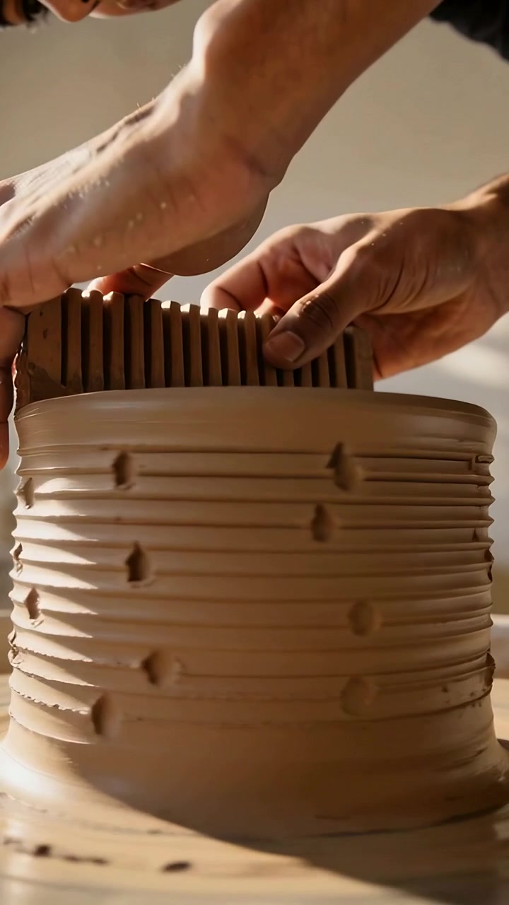 Video verticale: Vasaio chino che preme un pettine di legno su un vaso sul tornio, in un ambiente scuro, creando scanalature