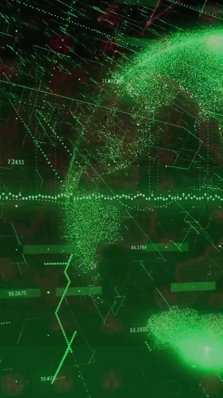 Vertical video: Diagonal streaks accelerating, green globe coalescing and expanding to map data