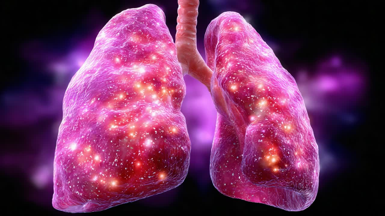 An Intricate Visualization of Human Lungs, Beautifully Illustrating the Organic Structures with a Glowing Cosmic Theme Against a Mystical Background