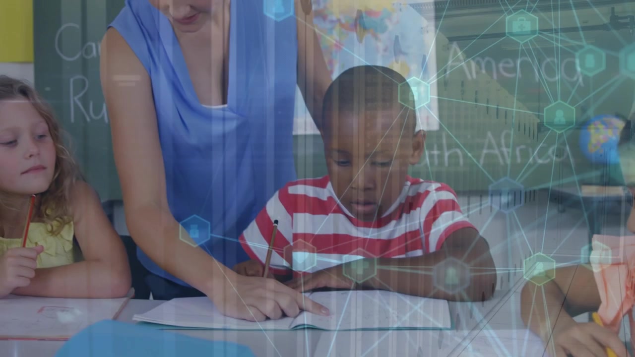 Animation of network of connections over diverse schoolchildren and teacher in classroom