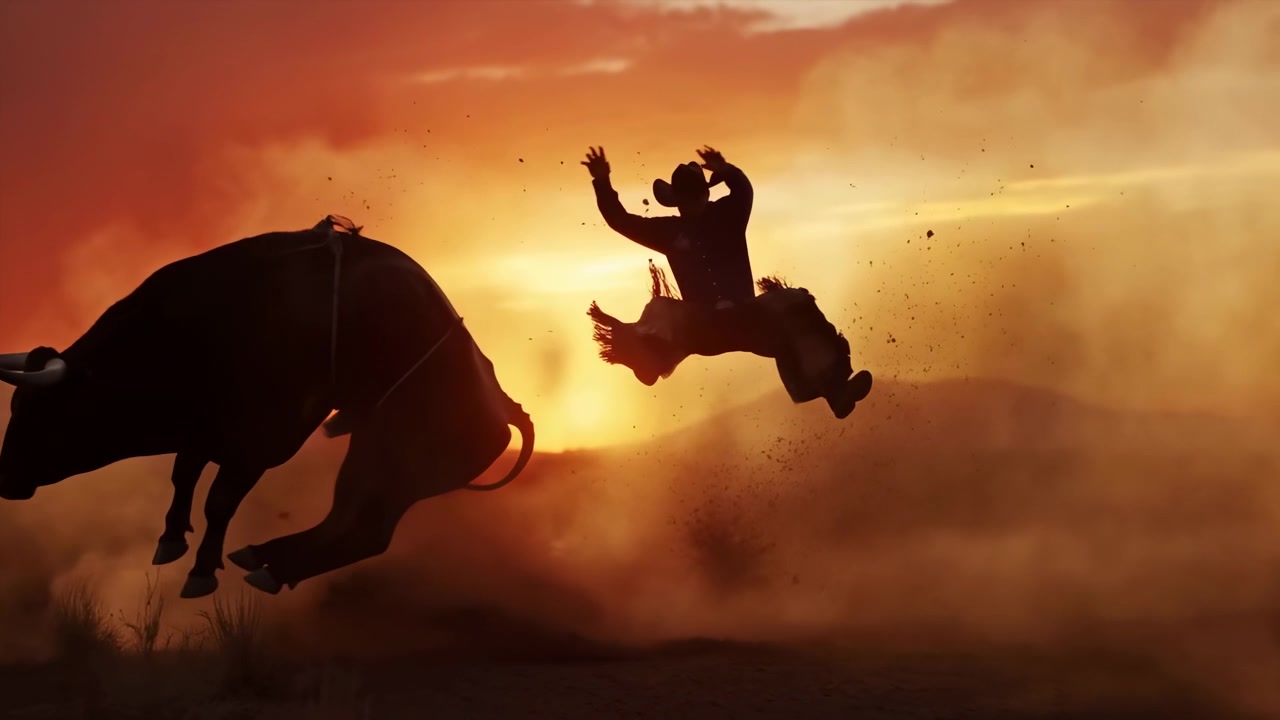 Silhouette di cowboy che cavalca un toro al tramonto, cavaliere di rodeo in aria sbalzato dalla schiena di un toro imbizzarrito, nuvole di polvere