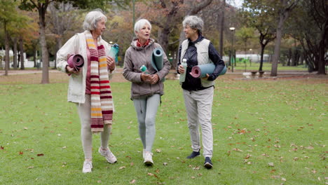 senior friends, walking and talking with yoga mats