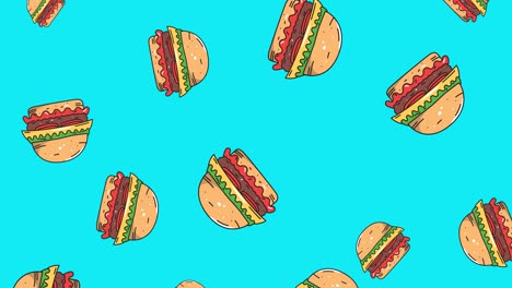 animación de varias hamburguesas con queso flotando sobre un fondo azul