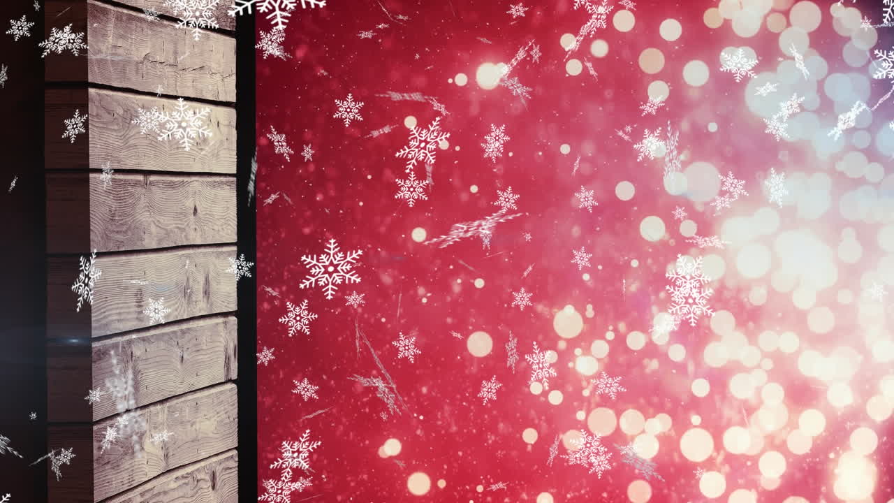 Animación de copos de nieve blancos cayendo sobre luces navideñas blancas desenfocadas y un fondo rojo.