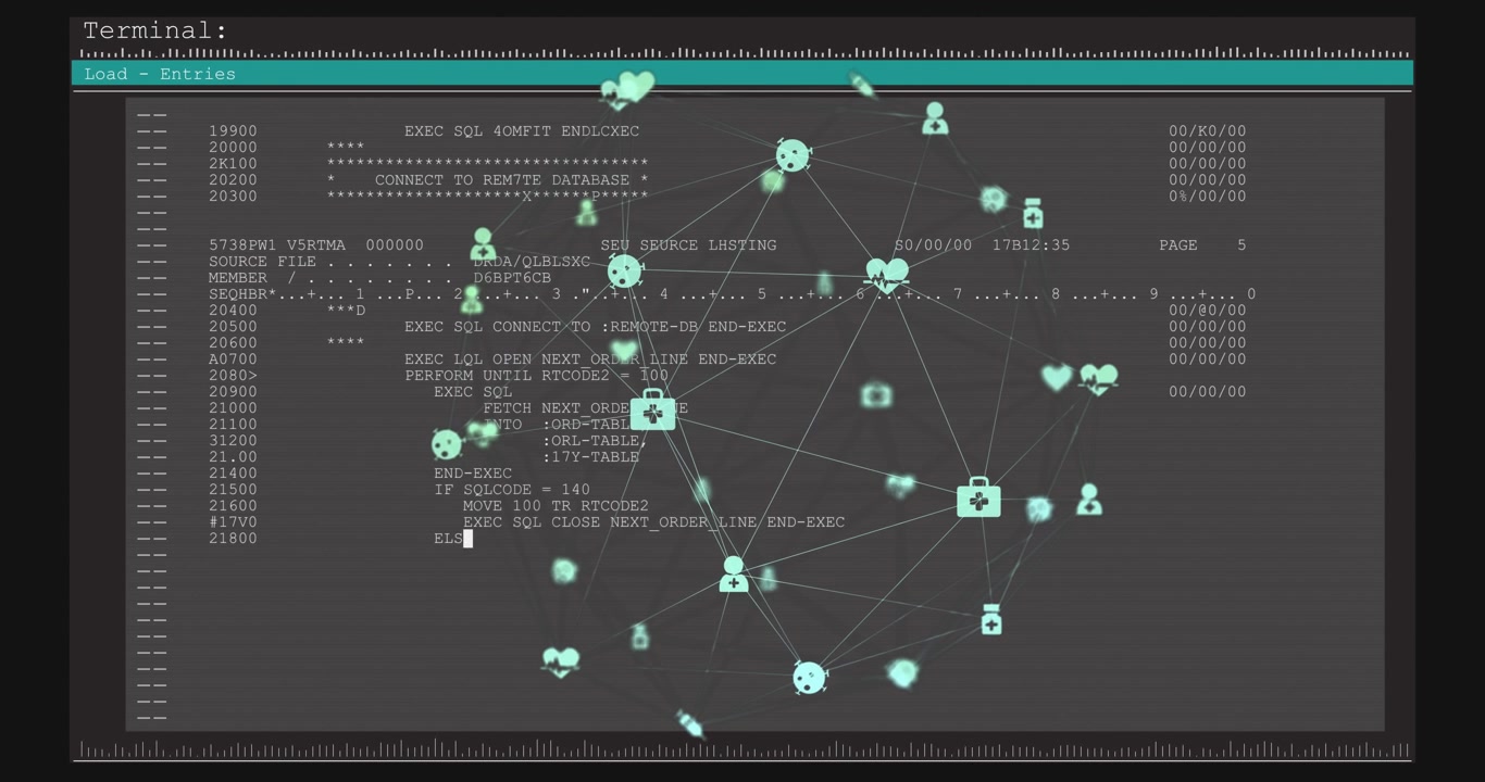 Network node graph integrating with retro terminal, code streaming causing nodes pulsing to monitor