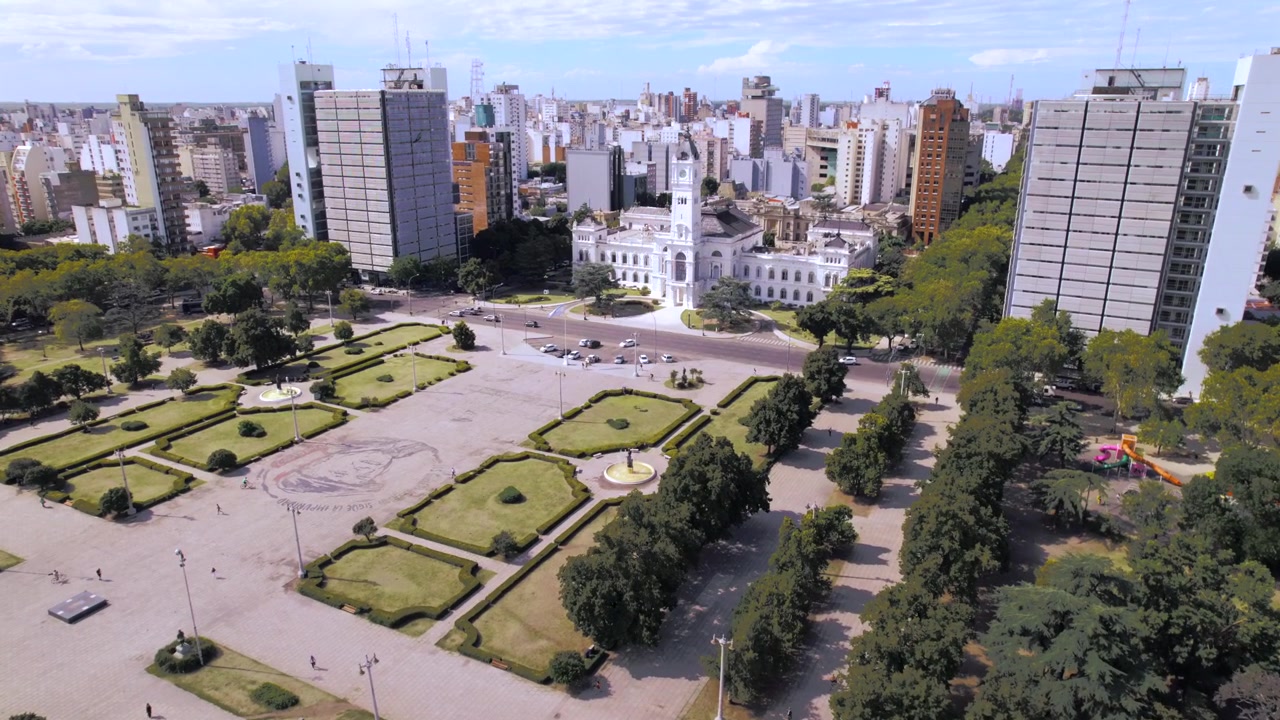 4K drone aerial view of Plaza Moreno and La Plata City Hall in Buenos Aires, Argentina. Historic central square surrounded by distinctive architecture and the urban heart of the city.