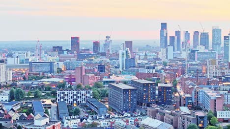 aerial panorama manchester city skyline with glass office skyscrapers