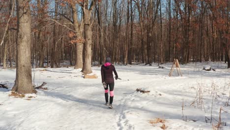 mujer vistiendo ropa de ejercicio activo caminando sola en un camino forestal cubierto de nieve