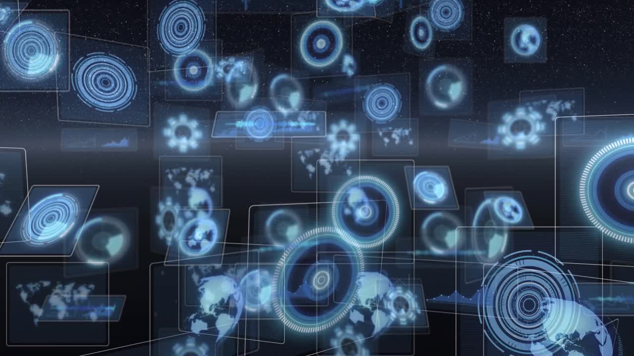 스 ⁇  스캔, 지구, 빛나는 지평선과 함께 지구상의 화면에서 데이터 처리의 애니메이션