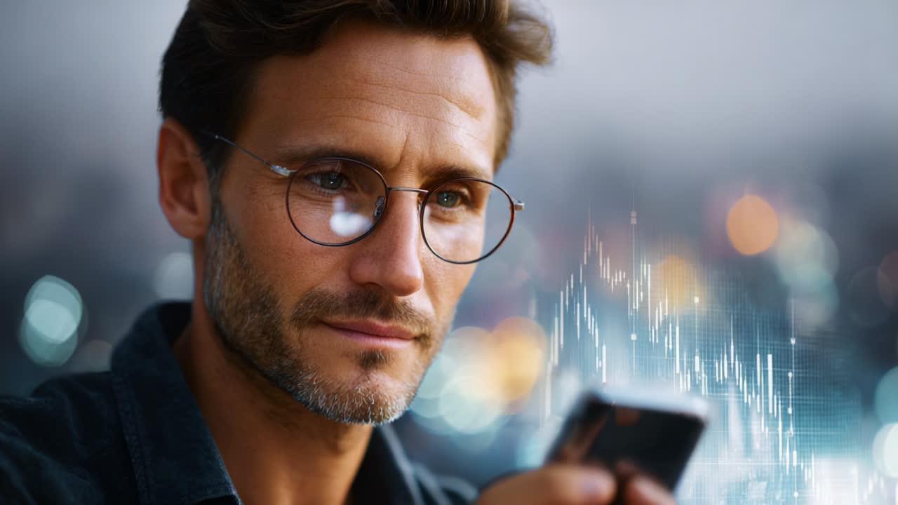 A Thoughtful Man Analyzing Financial Data on His Smartphone with a Digital Graph Overlay, Depicting the Interplay of Technology and Market Trends in a Modern Urban Environment
