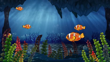 animated fish swimming through a vibrant coral reef.