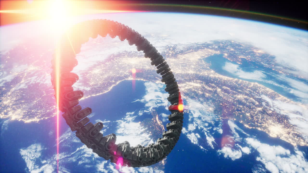 매우 상세한 거대한 우주선이 지구에 접근하고 있습니다.