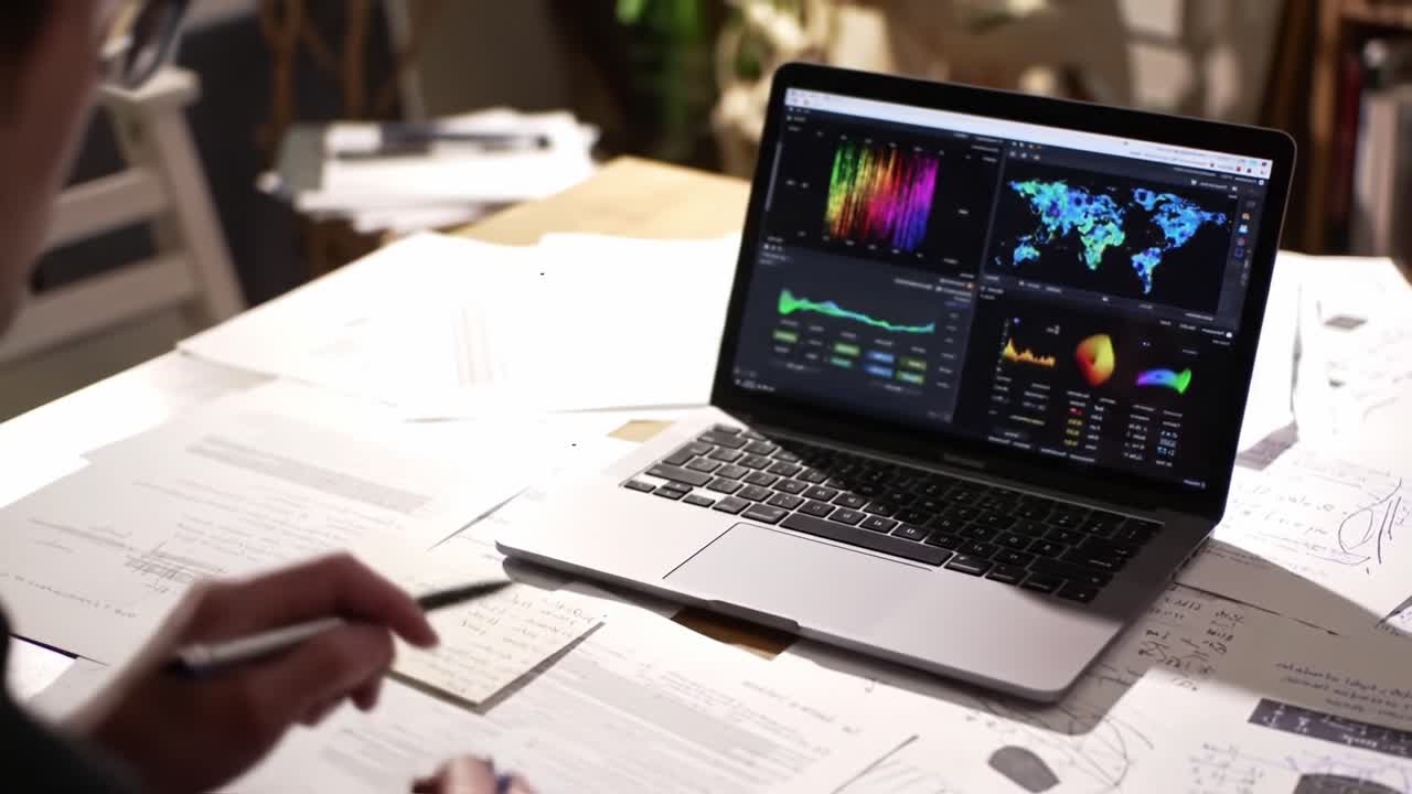 A User Analyzes Data from a Laptop Displaying Colorful Visualizations and Global Maps Surrounded by Analytical Sheets and Notes on a Workspace Table