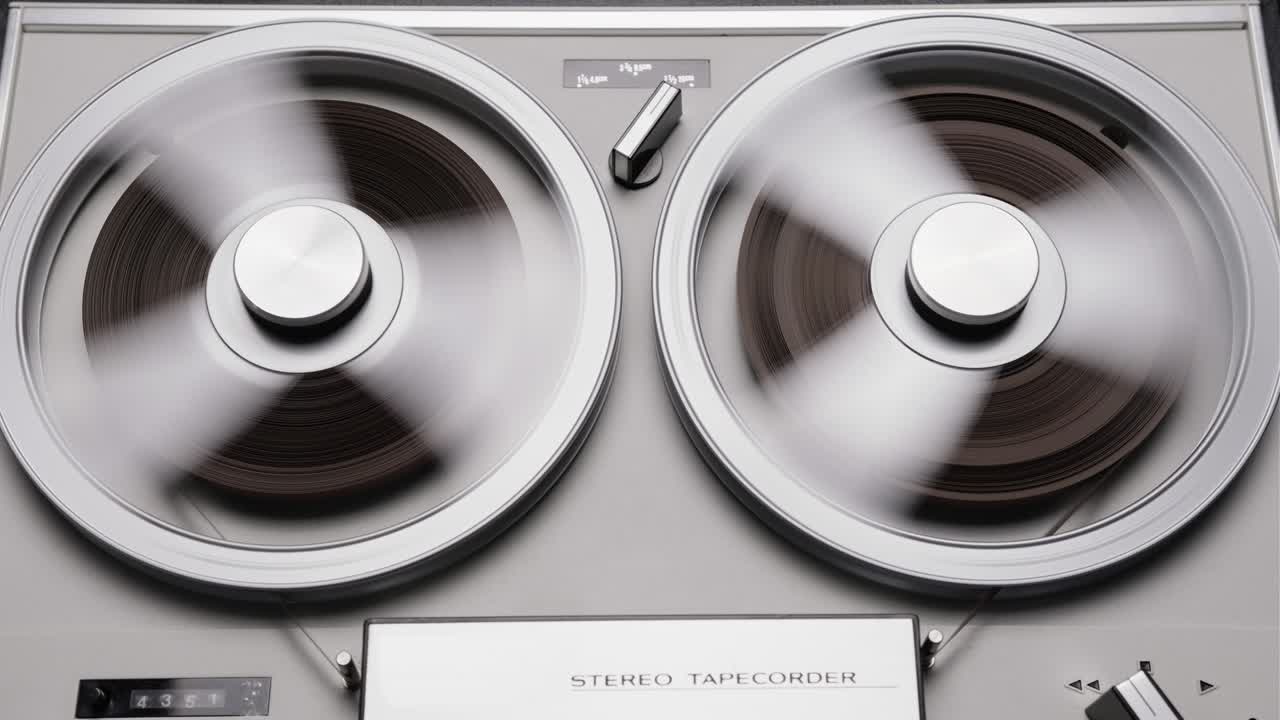 릴 테이프 레코더를 재생합니다. 릴 회전 빈티지 음악 플레이어 가까이. 레트로 테이프. 회전 릴 금속 색상. 위에서 볼 수 있습니다. 인기있는 디스코 트렌드 60s, 70s, 80s, 90s.