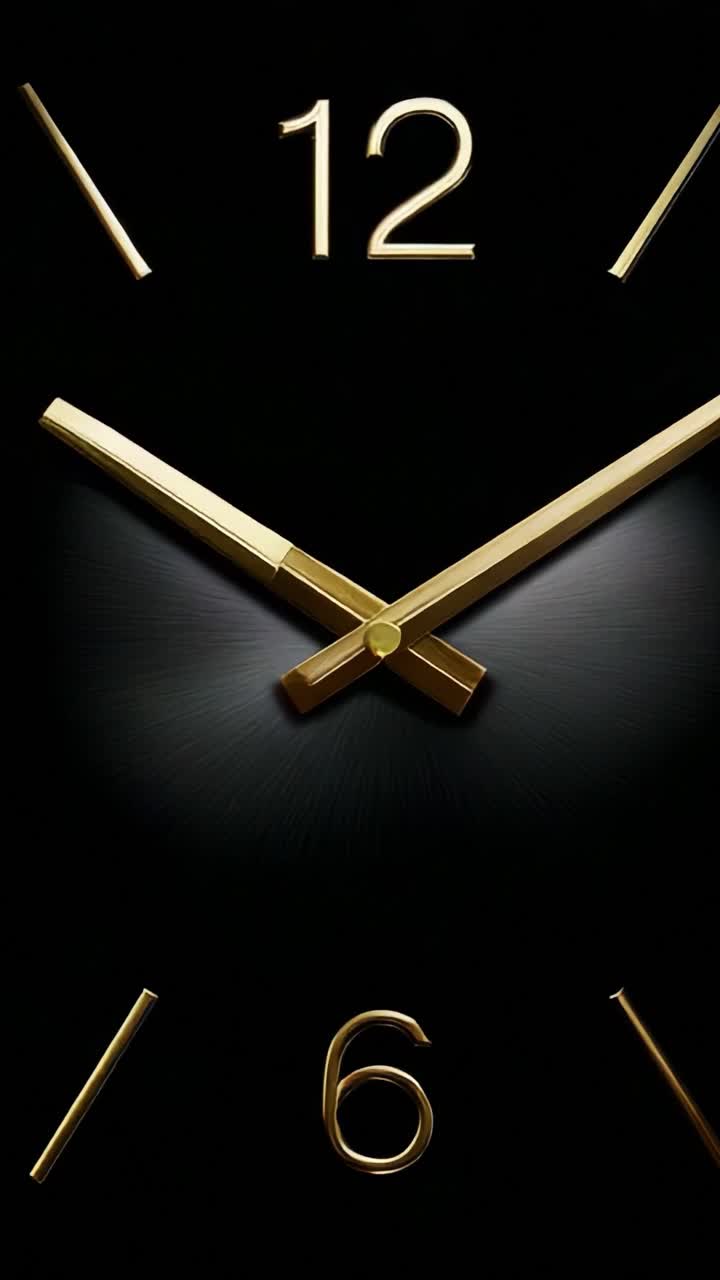Un elegante orologio catturato in movimento: una vista ravvicinata del quadrante di un orologio con lancette e indicatori dorati, che mette in mostra la bellezza del tempo mentre le lancette si spostano da una posizione all'altra su uno sfondo nero