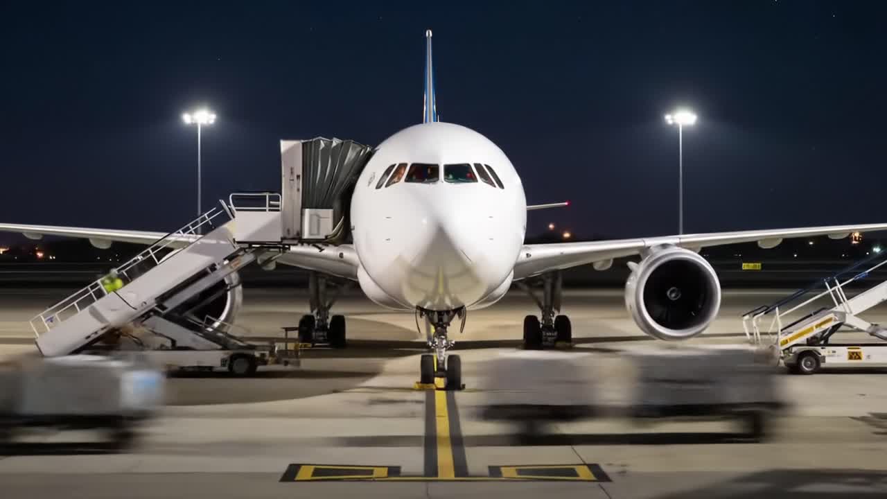 A stunning close-up view of a modern aircraft on the tarmac at night, highlighting its sleek design and airport features while illuminated by bright lights