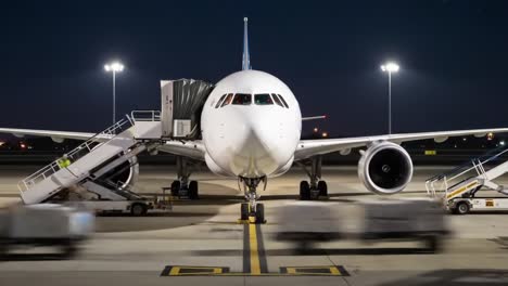 a stunning close-up view of a modern aircraft on the tarmac at night, highlighting its sleek design and airport features while illuminated by bright lights