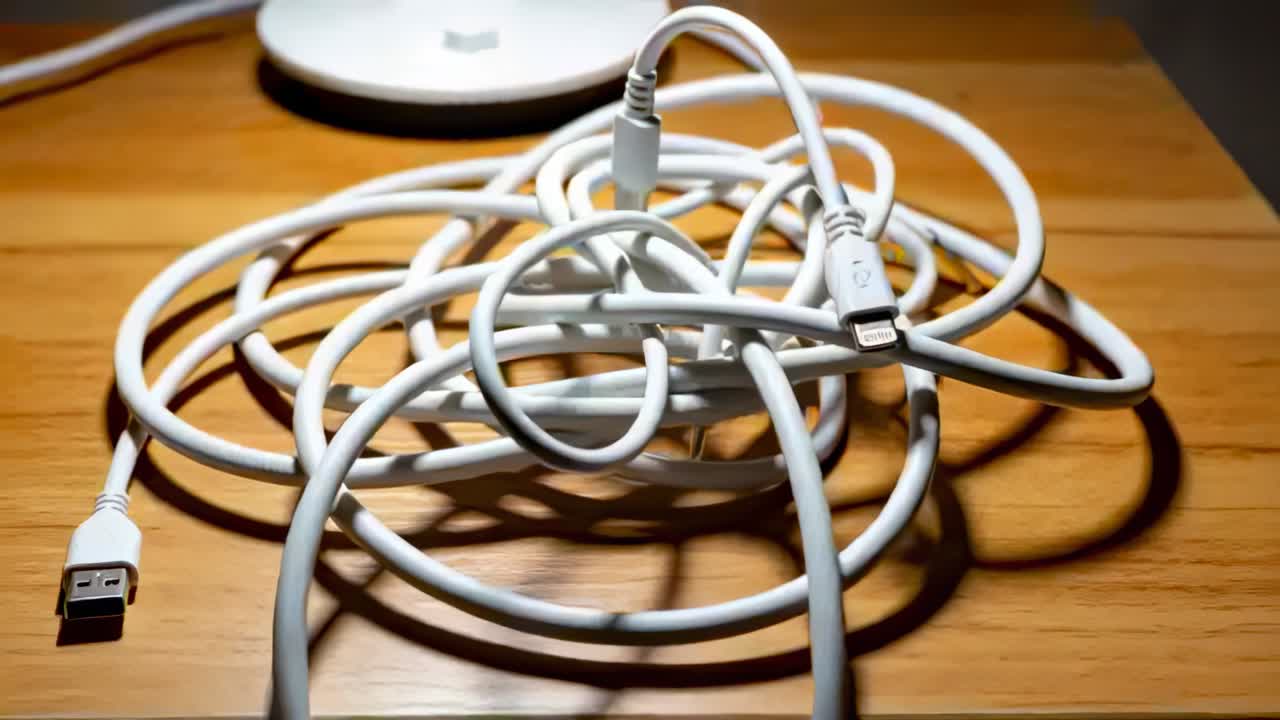 Shifting camera showing white coiled cable on wood table, USB or flat plug, lamp base casting shadow